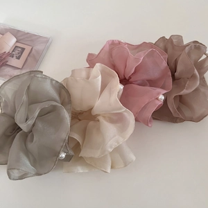 Set of 4 elegant organza scrunchies with white pearls in grey beige pink brown colors