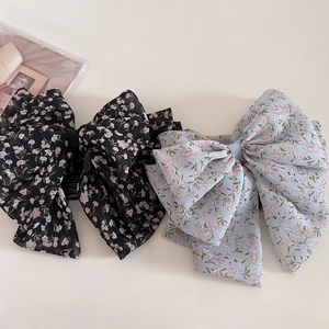 Vintage French Chiffon Floral Bow Hair Claw Clip Large Sweet Ribbon Artificial Pearl Ponytail Clip Elegant Hair Accessories Women