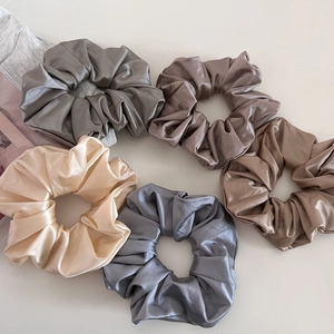 French style satin scrunchies 5-pack in neutral earth tones with silky glossy texture