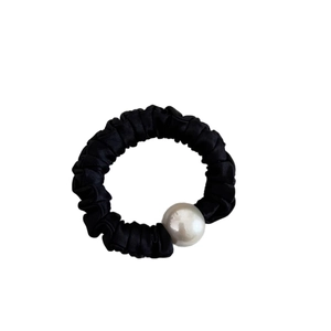 Elegant black satin pleated hair scrunchie with a large white pearl accent for women