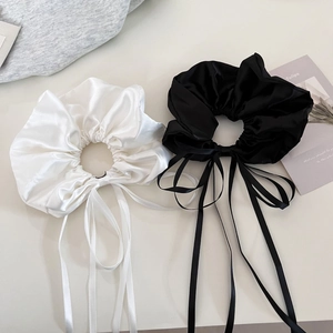 French Style Satin Ribbon Bow Scrunchie With Long Streamer Elegant Black White Large Hair Tie For Women Hair Accessories