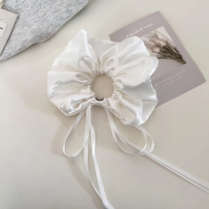 Elegant pearl white oversized satin scrunchie with long streaming ribbons for women