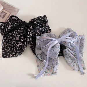 Floral chiffon hair claw clips with elegant long ribbons and delicate pearl charms