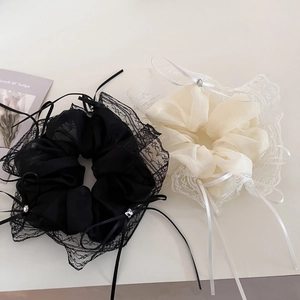 French Style Large Mesh Scrunchies For Women Elegant Organza Hair Ties With Ribbon Bow Rhinestone Sweet Hair Accessories