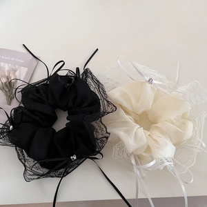 French lace scrunchie set with chiffon bow and rhinestone butterfly in black and white
