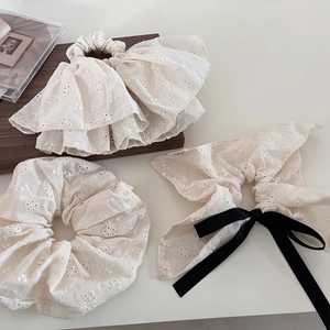 Three-piece set of cream white lace embroidery hair scrunchies with floral bow and ribbons