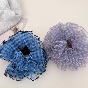 Blue plaid and purple mesh hair scrunchies with elegant lace trim and ruffle design