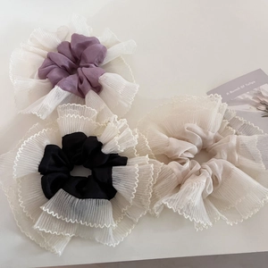 French Oversized Mesh Ruffled Scrunchie Fabric Satin Flower Hair Tie Elastic Hair Band For Women Daily Headwear