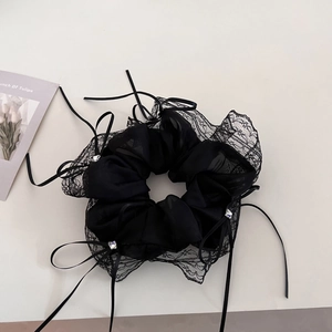 French style black lace scrunchie with mesh ribbons and sparkling rhinestone bows