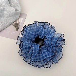 Blue and white checkered mesh hair scrunchie with soft ruffled lace edge and wave trim