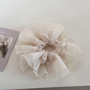 Oversized French style white mesh ruffled scrunchie with satin inner and wavy edges