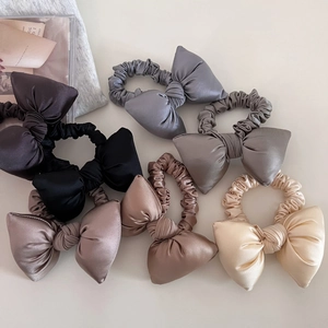 Elegant Puffy Satin Bow Scrunchie Korean Style Elastic Hair Tie Versatile Fabric Ponytail Holder For Women Hair Accessories