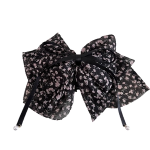 French vintage floral chiffon bow hair claw with elegant long streamers and pearl beads