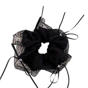 Elegant black lace scrunchie with chiffon layers and sparkling heart rhinestone charm