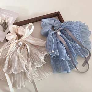 Chouchous en Tissu Plissé Style Français Avec Ruban Nœud en Künstliche Perles Artificielles Bleu Blanc Barrette Serre-tête Bijoux Femmes