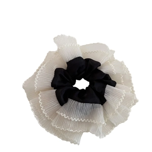 French style oversized black and white mesh frill scrunchie hair tie for women