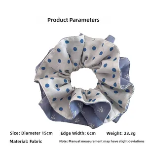 Detailed size specifications for 15cm blue polka dot and purple floral scrunchie hair tie