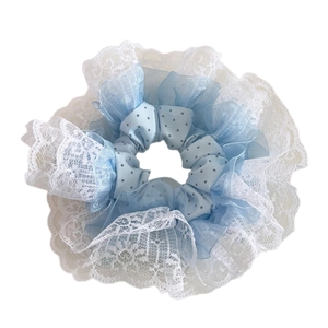 Oversized light blue polka dot hair scrunchie with white lace edges for girls
