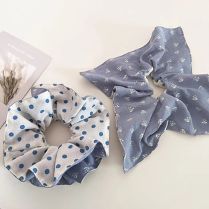 Blue Polka Dot Floral Scrunchie Retro Elegant Fabric Hair Tie Handmade Pleated Ponytail Holder Sweet Hair Accessories For Women