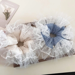 Oversized Mesh Lace Polka Dot Scrunchie For Women Pleated Fabric Hair Tie With Ribbon Bow Artificial Pearl Sweet Korean Style Hair Accessories