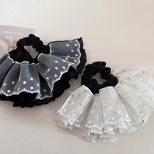 Elegant set of black and white polka dot lace scrunchies with sheer mesh fabric