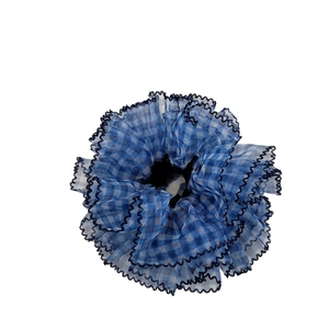 Blue and white plaid sheer mesh scrunchie with retro lattice pattern and black lace trim