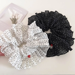 Korean Style Polka Dot Ruffled Scrunchies For Women Sweet Handmade Chiffon Fabric Large Hair Ties With Heart Charm Hair Accessory