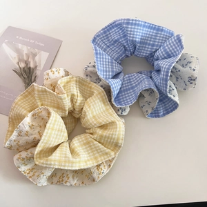 Korean Style Sweet Fabric Scrunchie Plaid Floral Patchwork Large Hair Ring Ponytail Holder Gingham Flower Pattern Hair Tie Women Hair Accessories