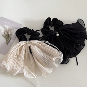 Elegant Pleated Mesh Bow Scrunchie With Faux Artificial Pearl Pendant French Style Large Hair Tie For Women Daily Hair Accessories