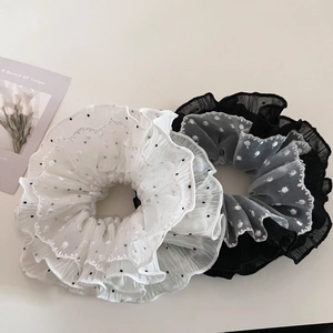 Elegant black and white polka dot mesh scrunchies with ruffled edges and tulip card decor