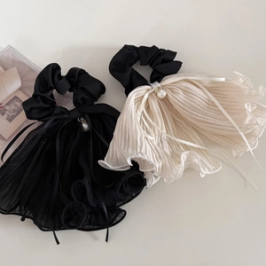 Black and beige pleated mesh hair scrunchies set with long ribbons and pearl charm