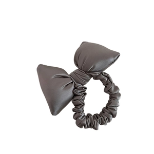 Minimalist dark grey satin scrunchie with large bow for women ponytail hair styling