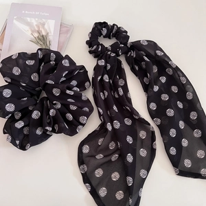 Vintage brown polka dot scrunchie set with long ribbon for elegant hairstyles