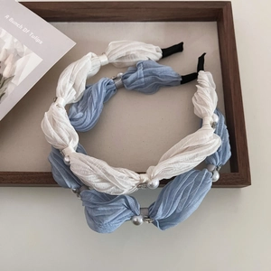 Serre-têtes plissés en mousseline bleu clair et crème avec perles pour femmes