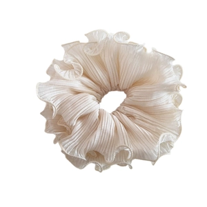Elegant ivory white pleated oversized scrunchie with ruffled edges for women hair styling