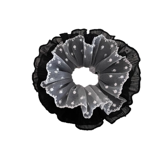 Elegant large double-layer black and white polka dot lace hair scrunchie with tulle mesh