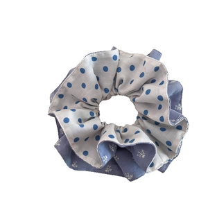 Blue polka dot and floral scrunchie hair tie with vintage double-layer fabric design