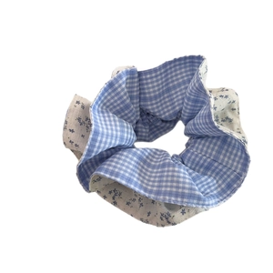 Blue and white plaid floral scrunchie hair tie for summer ponytail and bun hairstyles