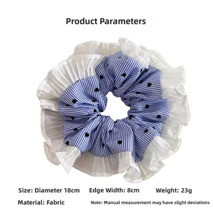 Detail showing blue striped fabric hair scrunchie with white pleated lace and dimensions