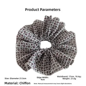 Detailed size chart for oversized floral chiffon scrunchie showing 21.5cm diameter and weight
