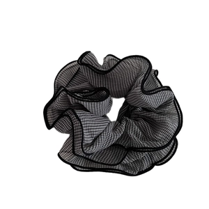 Classic black and white checkered chiffon scrunchie with layered ruffles for women