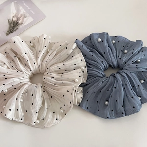 Satin pearl scrunchie set with polka dots in cream and blue-grey for ponytail styling