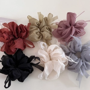 Set of six colorful organza scrunchies in wine red, khaki, pink, black, cream and blue