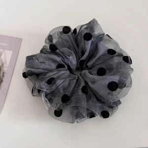 Chic grey double-layer mesh scrunchie with black polka dots for elegant hair styling