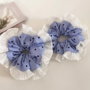 Blue striped scrunchies with black heart patterns and elegant white pleated lace edges