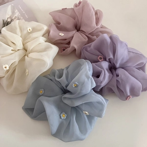 Chouchous en Organza avec Fleurs Brodées Style Coréen Élégant Attaches Cheveux en Tissu Floral Porte Queue de Cheval Femme