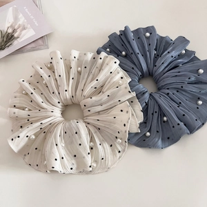 Elegant Chiffon Hair Scrunchie With Faux Artificial Pearls Polka Dot Pattern Pleated Large Hair Tie For Women Girls Daily Accessories