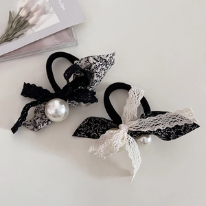 Korean Style Lace Floral Bow Knot Hair Tie Elegant Faux Artificial Pearl Ponytail Scrunchie Sweet Women Hair Accessories For Daily Dating