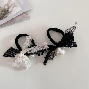 Elegant floral lace bow hair ties with pearls for ponytails in black and white colors