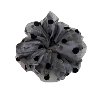 Elegant grey double-layer mesh polka dot scrunchie for stylish bun hair styling